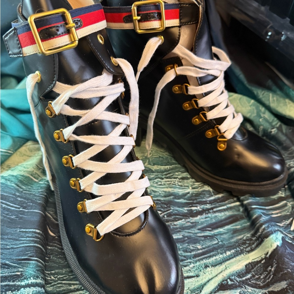 Black Lace-Up Leather Combat Boots with Gold Hardware NIB